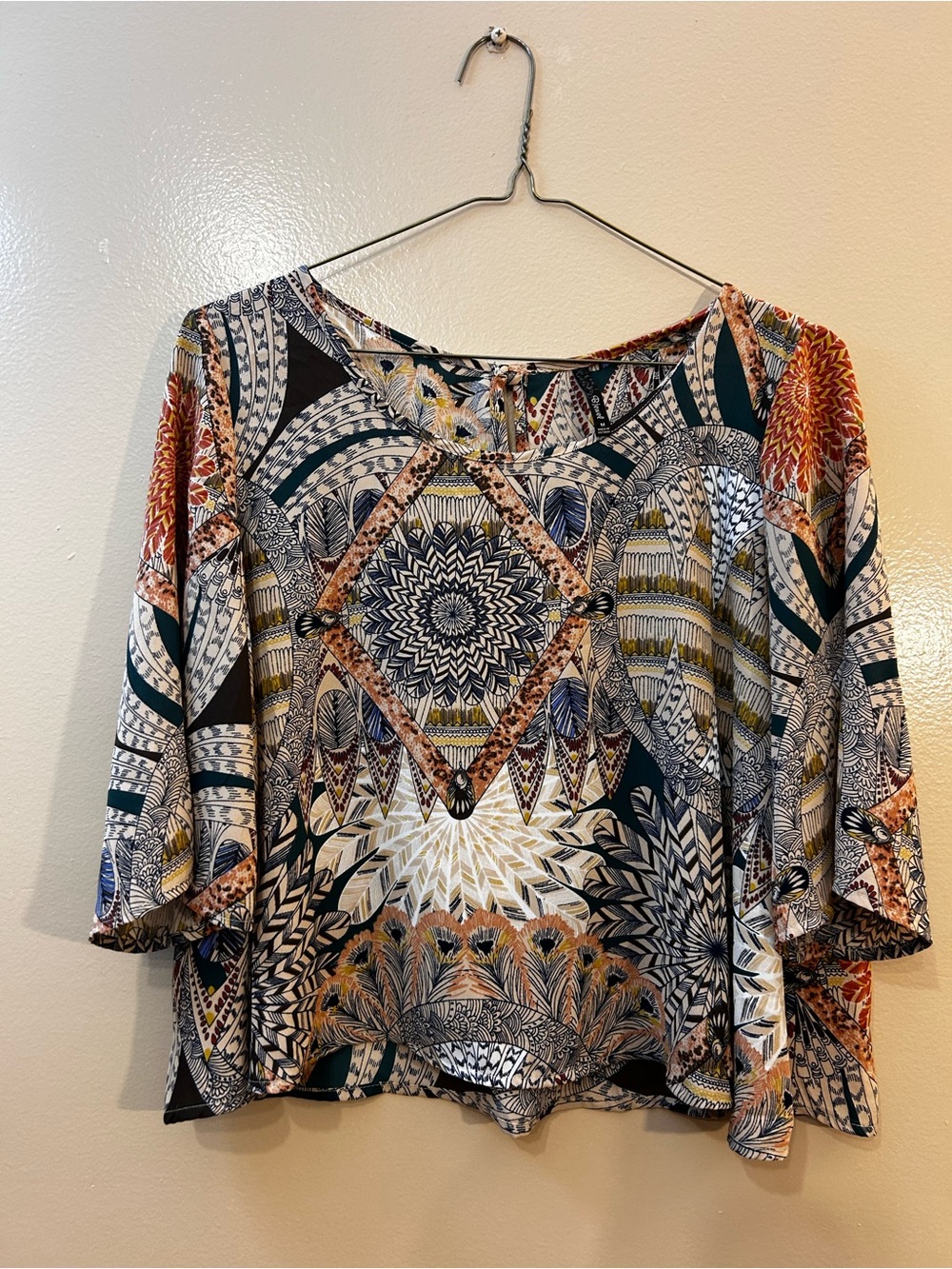 B Jewel Patterned Boho Peasant Blouse in Cream, Navy, Rust, Green